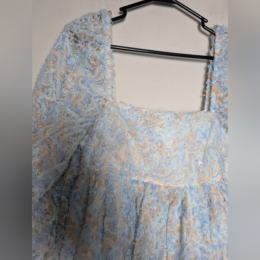Storia Babydoll Dress Blue Tan Lacey Puff Sleeve Ruffle Square Neck Cottage Core - Picture 6 of 10